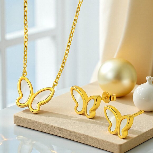 🆕 Whimsical Butterfly 18K Gold Plated Stainless Steel Mother Of Pearl Set - Picture 8 of 11